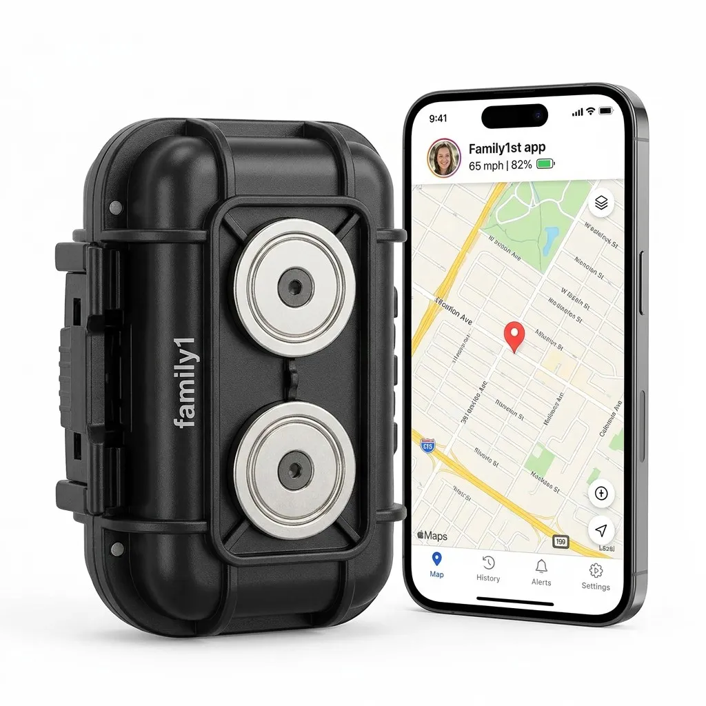 The weatherproof magnetic case beside a phone showing the Family1st app tracking at 65 mph with 82 percent battery