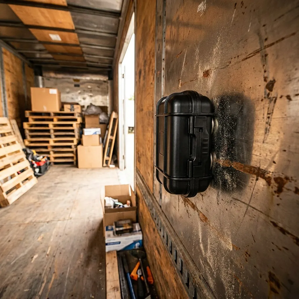 The weatherproof case stuck to the inside wall of a cargo truck, with pallets and boxes behind