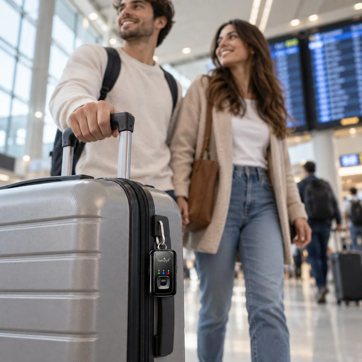 A couple walking through an airport with the Family1st tracker clipped to their luggage