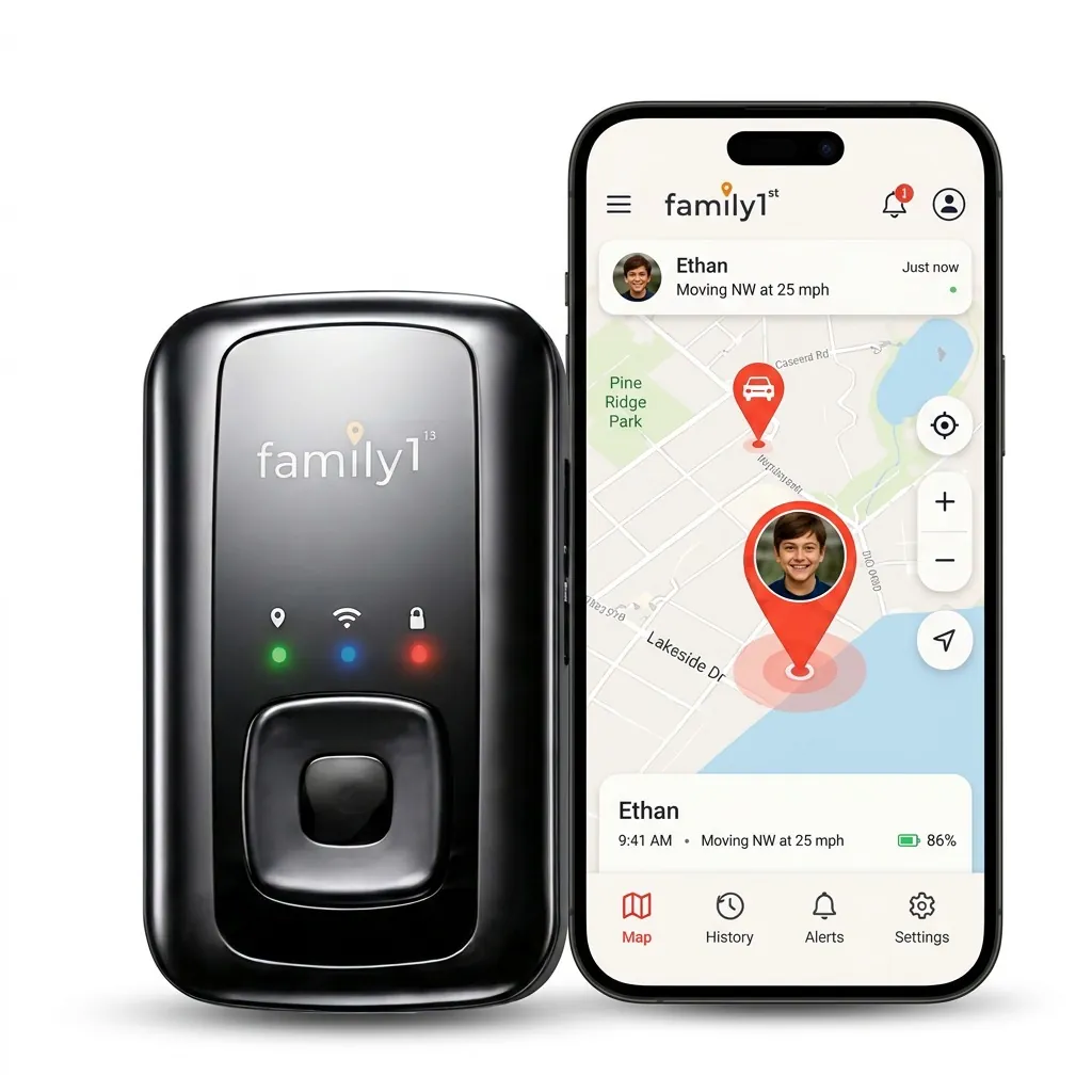 Family1st tracker beside a phone showing the app's live map with a tracked location pin