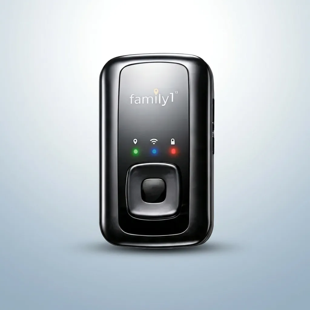 Family1st GPS tracker on a car dashboard, sunlit interior
