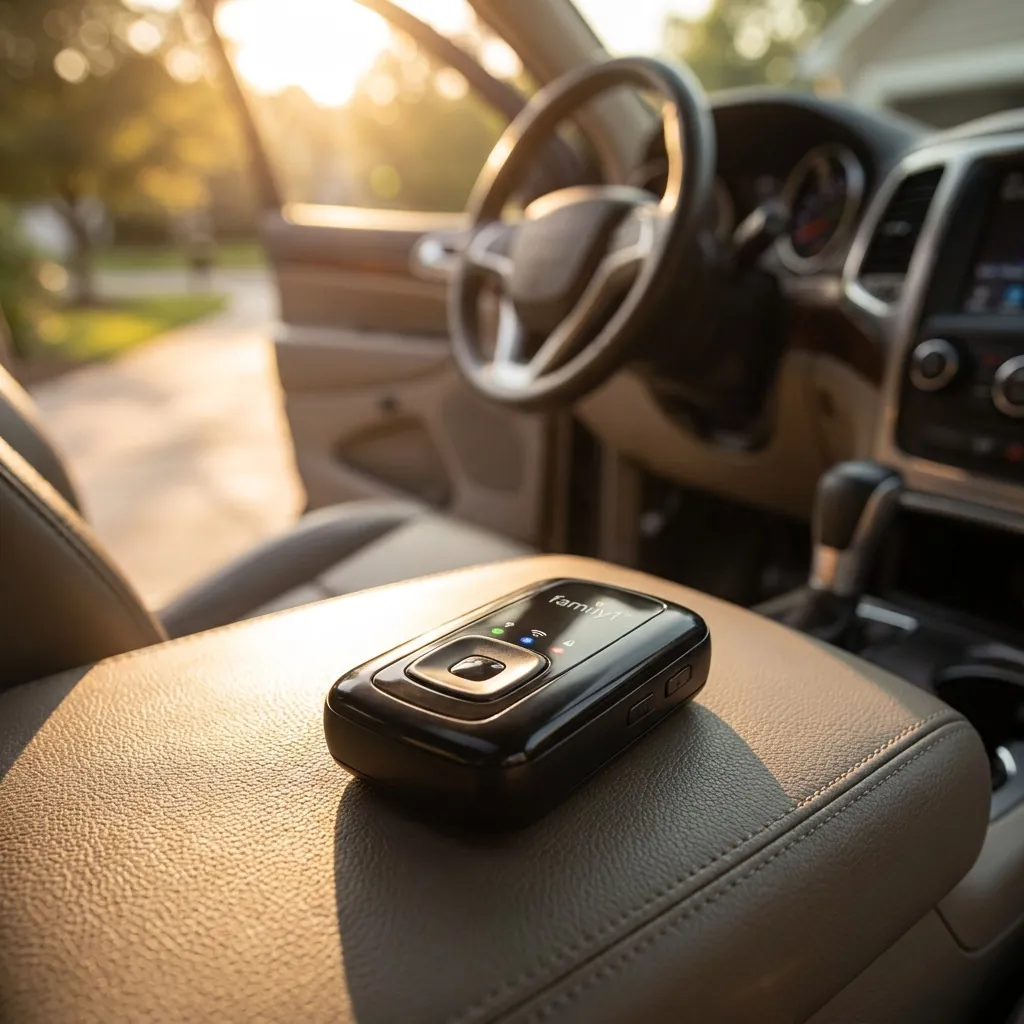 A Family1st GPS tracker on a car dashboard, sunlit interior