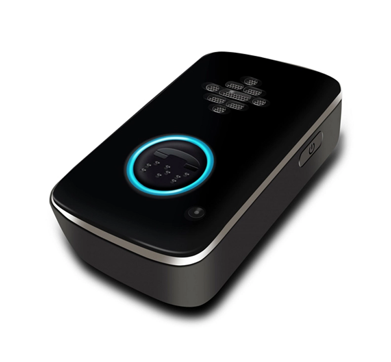 Angled view of the Belle+ medical alert device showing the speaker grille and call button