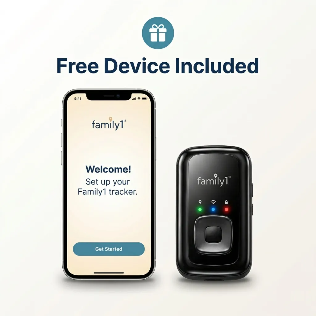 Family1st GPS tracker beside a smartphone showing the welcome screen — free device included with subscription