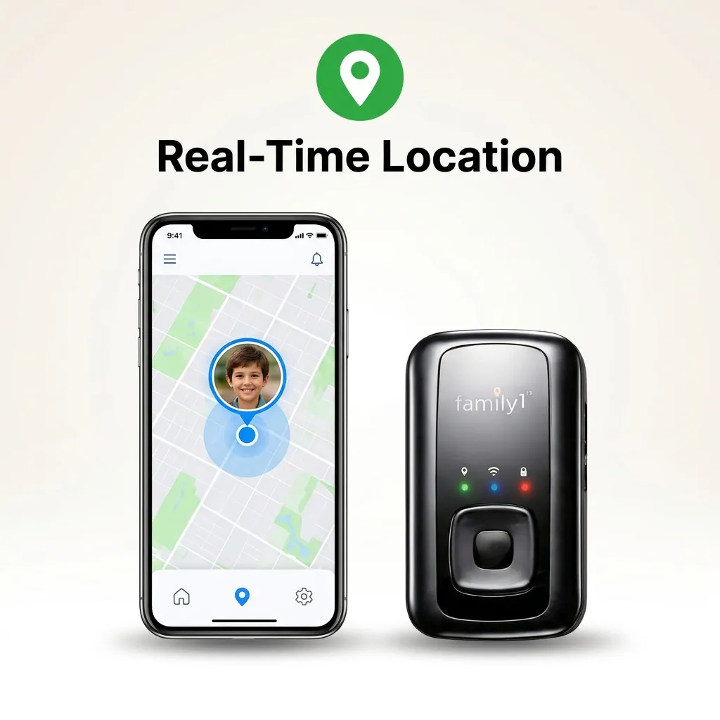 Family1st Portable GPS Tracker beside a phone showing real-time location in the app