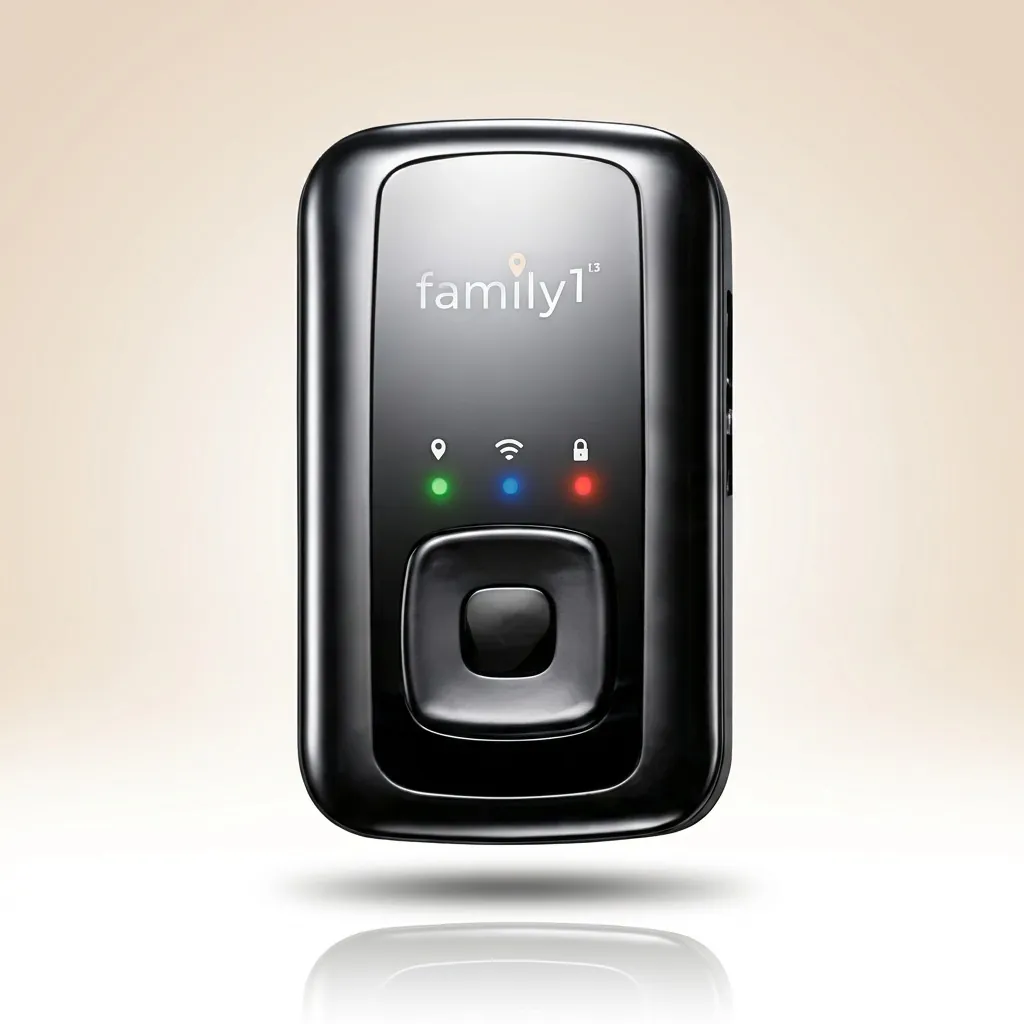 Family1st Portable GPS Tracker from a second studio angle, showing its 2.7 by 1.5 inch footprint